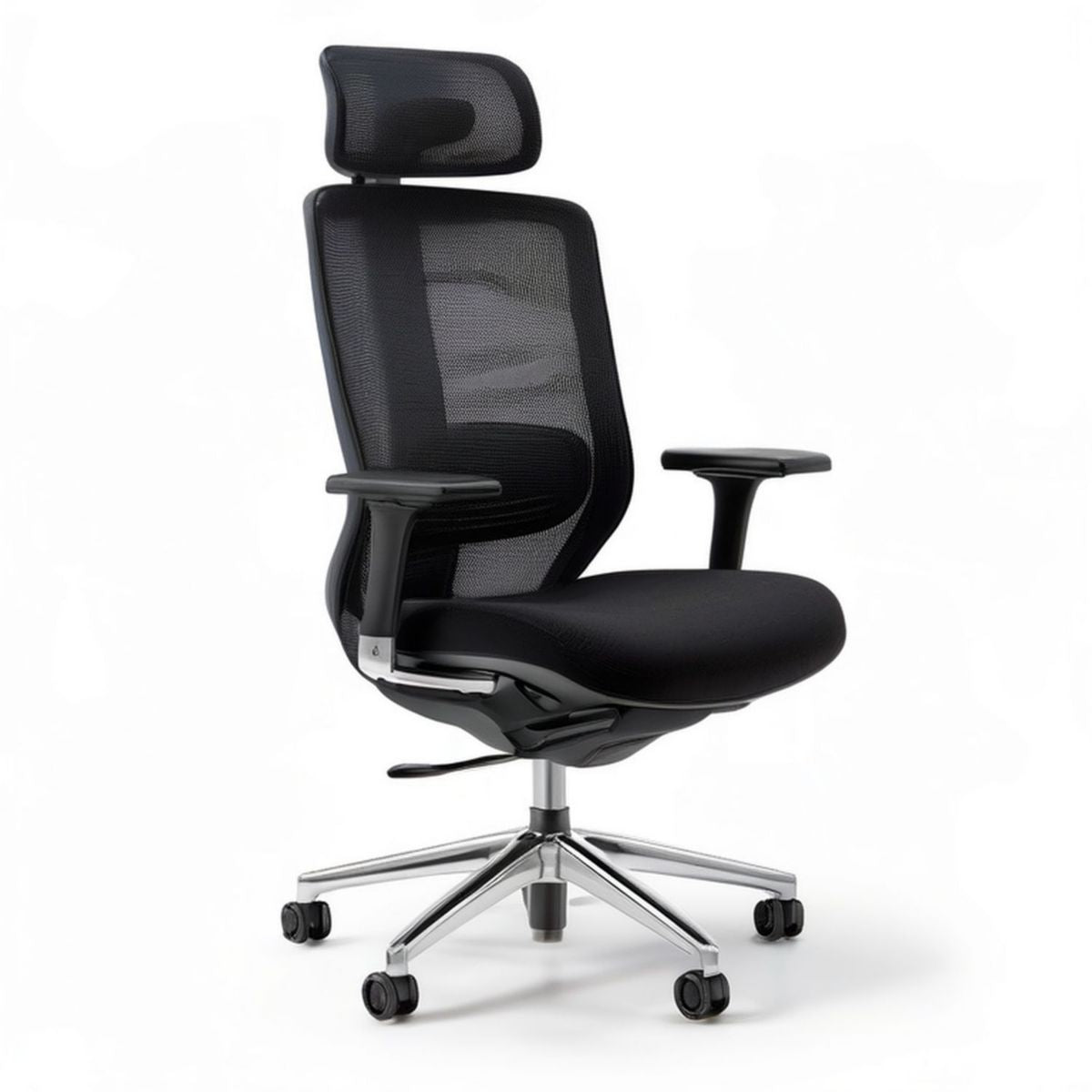 Ergonomiczny czarny fotel obrotowy z zagłówkiem i podłokietnikami, 65 x 65 x 116–126 cm