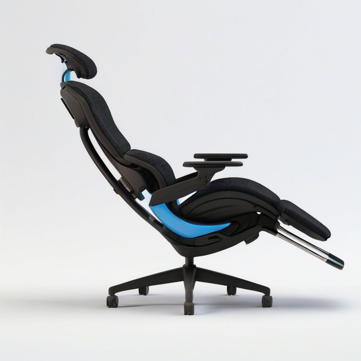 Ergonomiczny fotel biurowy obrotowy z podnóżkiem i zagłówkiem z siatki poliestrowej, czarno-niebieski, 68 x 65 x 118–128 cm