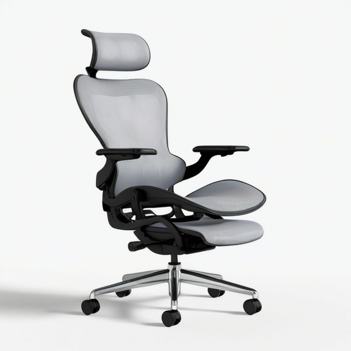 Ergonomiczny fotel biurowy z zagłówkiem i wysuwanym podnóżkiem, szary/czarny/srebrny, 66 x 66 x 118–128 cm